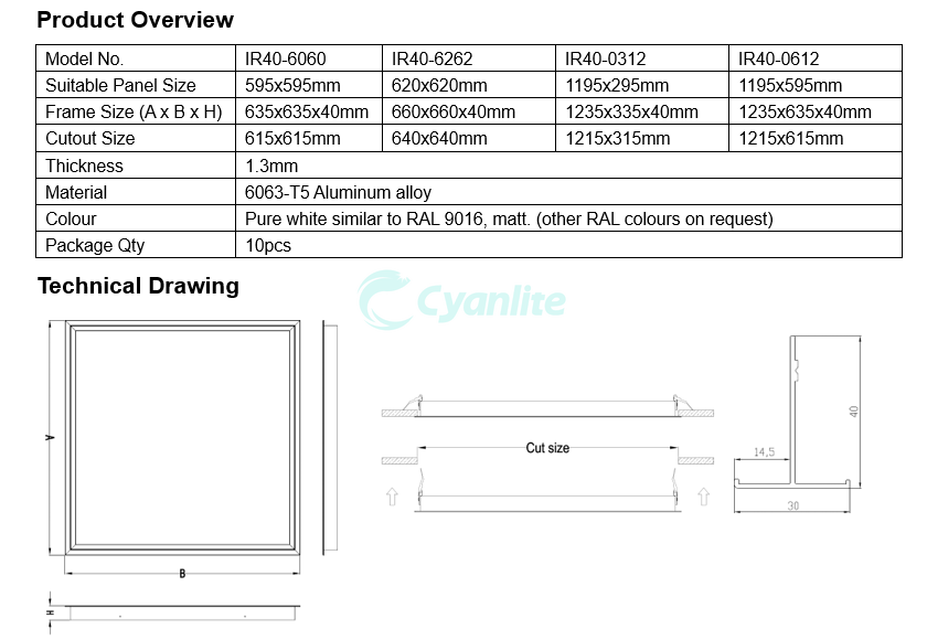 Recessed R40_Cyanlite installation frame accessories for LED Panel Light